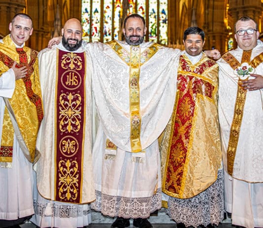 The newly-ordained priests, Frs Gandy, Saliba, Joseph, Simmons and Anderson at St Mary’s Cathedral on 6 August, 2022. Photo: Alphonsus Fok