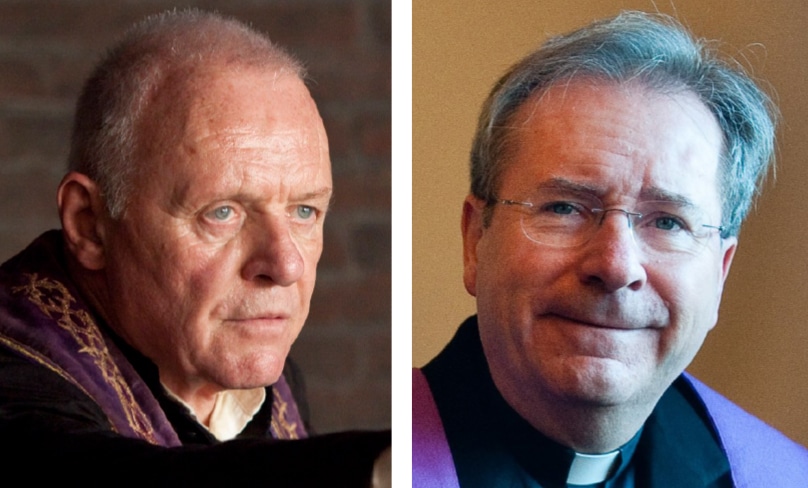 A silly script: Anthony Hopkins, left, starred as real-life exorcist Fr Gary Thomas, at right, in the 2011 movie The Rite. However the movie deviated wildly from author Matt Baglio’s accurate biography.Photos: left: CNS, Warner Bros; right: CNS, Don Feria