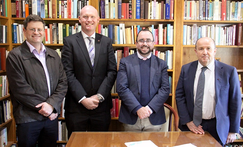 Campion College’s Dr Luciano Boschiero, left, Anthony Munro from Sydney Catholic Schools, Campion President Dr Paul Morrissey and SCS’s Anthony Cleary celebrate the launch of the HSC partnership. Photo: Supplied