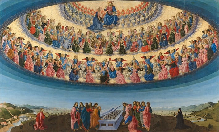 The Assumption of the Virgin by Francesco Botticini (1475-76) at the National Gallery London shows three hierarchies and nine orders of angels, each with different characteristics. Image: Wikimedia Commons