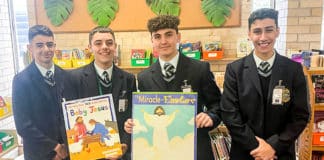 What we believe: student catechists Mathew Abrahim, left, William Buono, Michael Touma and Daniel Khoury from Christian Brothers College in Lewisham visit state schools to give catecheses in the Catholic faith. They are among thousands of catechists across NSW who take religious lessons into the state education system. Photo: Supplied