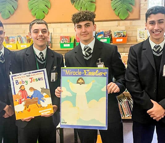 What we believe: student catechists Mathew Abrahim, left, William Buono, Michael Touma and Daniel Khoury from Christian Brothers College in Lewisham visit state schools to give catecheses in the Catholic faith. They are among thousands of catechists across NSW who take religious lessons into the state education system. Photo: Supplied