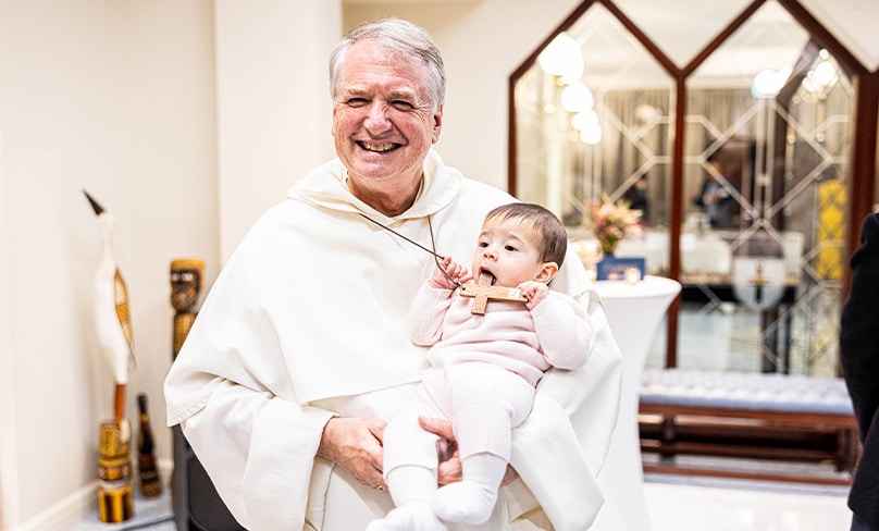 Archbishop Anthony Fisher OP with Selina Abdallah, the daughter of Danny and Leila. Photo: Alphonsus Fok