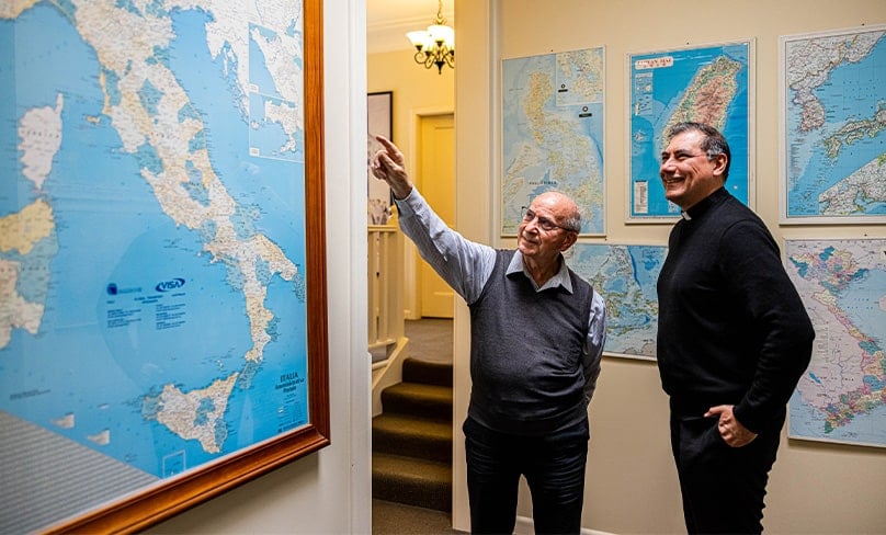 Mapping out their ministry: Fr Savino Bernadi cs and Fr. Nacho Gutiérrez cs and their worldwide footprint. Photo: Alphonsus Fok