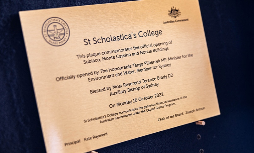 A plaque commemorating the offical opening and blessing of Subiaco, Monte Cassino and Norcia buildings at St Scholastica’s College at Glebe. Photo: Alphonsus Fok