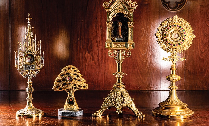 The four (left to right) carry relics of St John Paul II’s blood, a fragment of bone of Maronite St Rafqa, another fragment of bone from St Oliver Plunkett and hair of St Thérèse of Lisieux. Photo: Alphonsus Fok