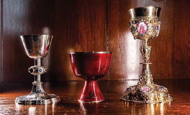 Three chalices in the cathedral’s possession include those used by, left to right, Fr John Therry, at World Youth Day and one gifted by a Roman princess. Photo: Alphonsus Fok