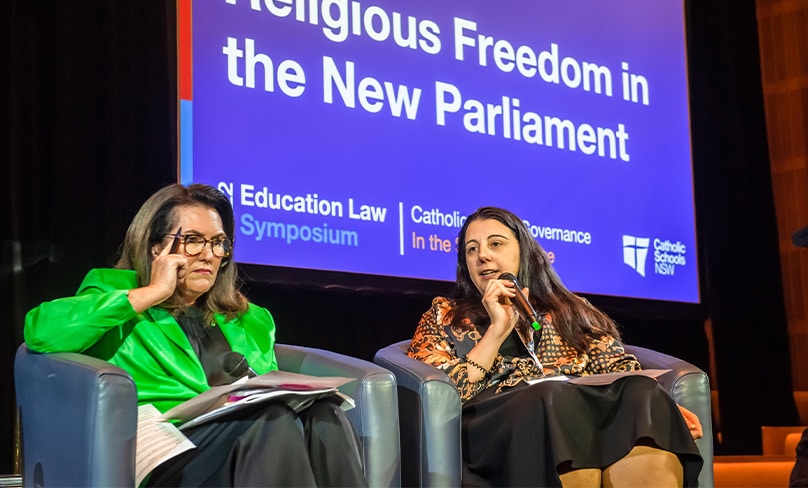 Labor Senator Deborah O’Neill, left, and Monica Doumit, Director of Public Policy and Engagement for the Archdiocese of Sydney, speaking at the Catholic Schools NSW symposium. Photo: Giovanni Portelli