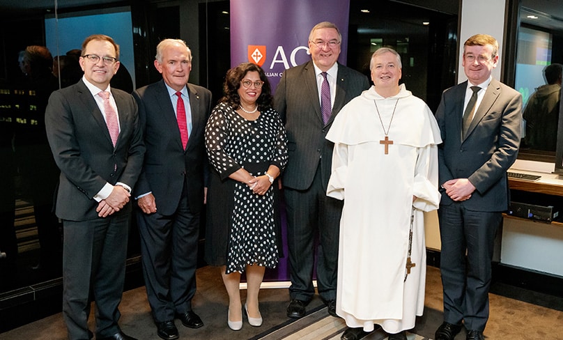 Dignitaries from both universities join Archbishop Fisher at the Lecture: Prof Zlatko Skrbis, VC and President of ACU, left, NAME????, Prof Selma Alliex, Pro Vice Chancellor, Student Experience, UNDA, ACU Chancellor Martin Daubney AM KC, and UNDA VC Prof Francis Campbell. Photo: courtesy ACU