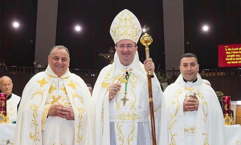 Bishop Antoine-Charbel Tarabay with newly-ordained Fathers Joseph-Awtel and Robert-Pio. Photo: Snapix, courtesy Maronite Eparchy