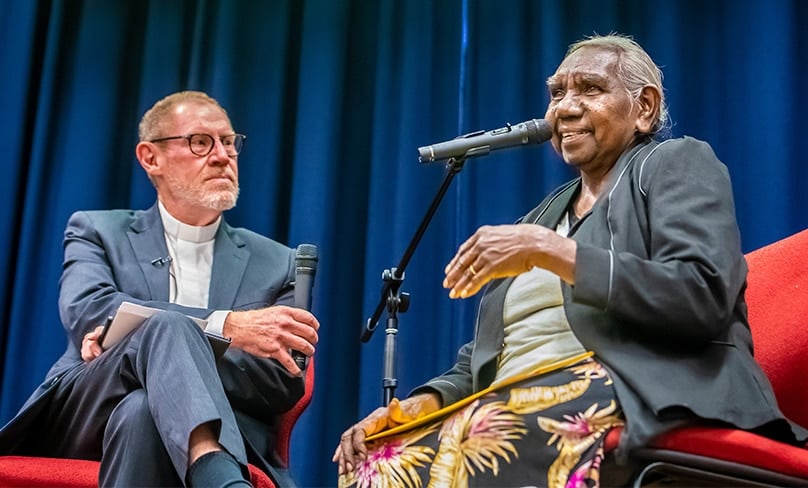 Archdiocesan Promoter of Justice and Peace, Fr Peter Smith interviews Dr Miriam Rose Ungunmerr-Baumann at the Aboriginal Catholics and Reconciliation evening. Photo: Giovanni Portelli