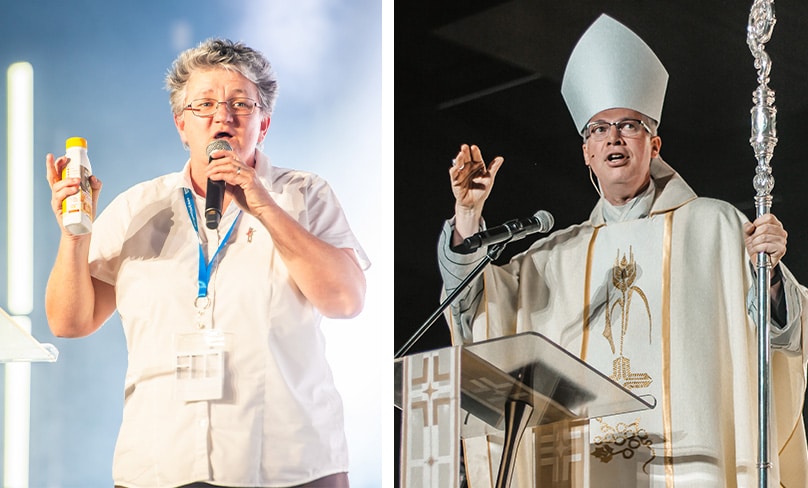 Bishop Richard Umbers attended and celebrated Mass in the auditorium of Freeman Catholic College in Bonnyrigg, asking the youth to see Jesus Christ as their friend. Sr Therese Mills MGL, right,  addresses the rally last Saturday night, the final night of the conference. Photos: Giovanni Portelli