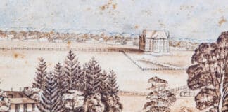 An aged watercolour sketch gives an idea of how the completed structure looked after it was built - the result of the foundation-stone-laying ceremony of 29 October 1821. This image hangs in Cathedral House today and is one of the few contemporary images of the first Catholic church - and, ultimately, cathedral - in Australia. Photo: Archives of the Archdiocese of Sydney: