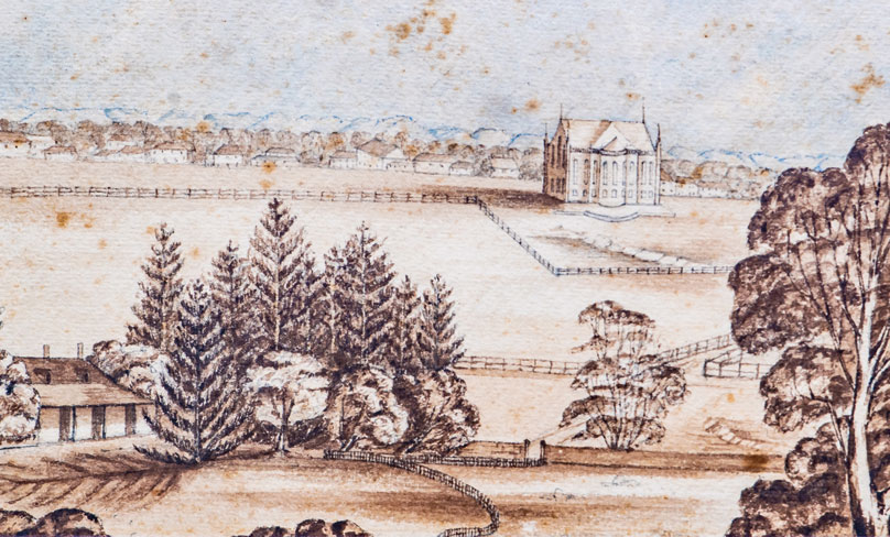 An aged watercolour sketch gives an idea of how the completed structure looked after it was built - the result of the foundation-stone-laying ceremony of 29 October 1821. This image hangs in Cathedral House today and is one of the few contemporary images of the first Catholic church - and, ultimately, cathedral - in Australia. Photo: Archives of the Archdiocese of Sydney: