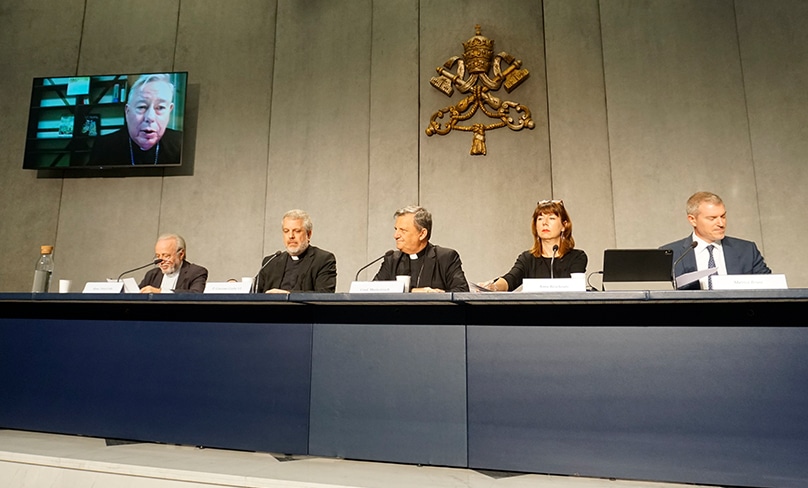 Cardinal Jean-Claude Hollerich of Luxembourg, relator general of the Synod of Bishops, speaks at a news conference at the Vatican via video chat on 27 October to present the document for the continental phase of the synod on synodality. The document will guide discussions at the regional or continental level in preparation for the synod. Photo: CNS, Junno Arocho Esteves