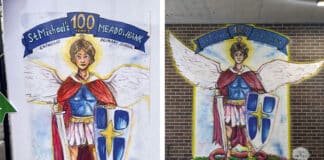 The original pencil a4 drawing done by Maiia, left, and the finished spray painted mural at right. Photo: Supplied