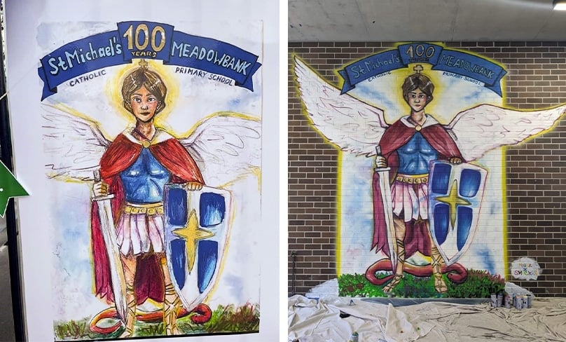 The original pencil a4 drawing done by Maiia, left, and the finished spray painted mural at right. Photo: Supplied