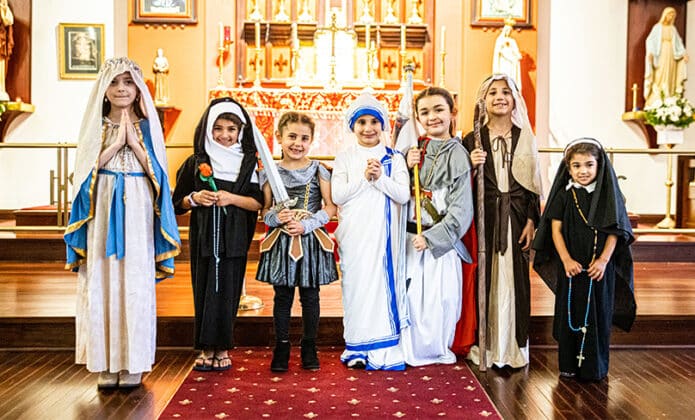 A litany of the saints as students from St Michael’s at Belfield dress up as favourite saints. Photo: Alphonsus Fok