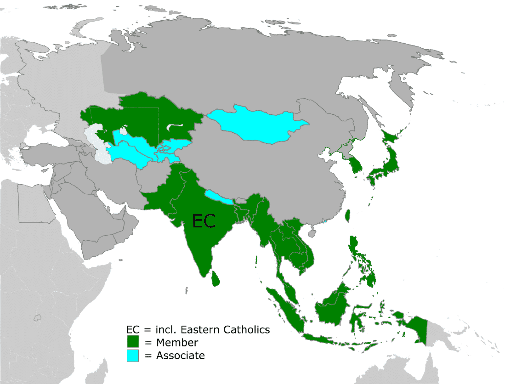 Map showing locations of Member Bishop's Conferences which are full members of the Federation of Asian Bishops' Conferences (FABC) together with Associate Members (Dioceses, Apostolic Prefectures, Apostolic Vicariates, Apostolic Administrations and Apostolic Nuncitures). Graphic: Ggdivhjkjl/Wikimedia Commons, Public Domain