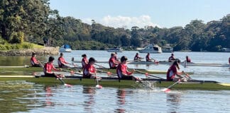 Rowers power through the water during the Sydney Catholic Schools Rowing Mini-Regatta. Photo: Supplied