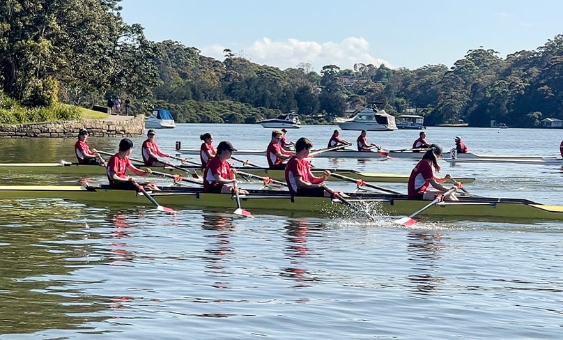 Rowers power through the water during the Sydney Catholic Schools Rowing Mini-Regatta. Photo: Supplied