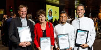 Four of the eight Catholics recognised on the evening are, from left, Fr Greg Morgan FMVD of Ryde-Gladesville Parish, Sr Mary Leahy RSJ and Somascan fathers Mathew Velliyamkandathil CRS and Christopher De Sousa CRS. Photo: Alphonsus Fok