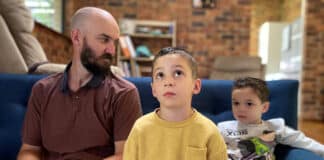 Daniel Shaw with his sons Moses, 5, and Pio, 3. Their mother Carla believes the Plenary Council of Australia could have better recognised the gifts and the challenges of families with disability.