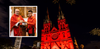 St Mary’s Cathedral was lit in red for Aid to the Church in Need’s Red Wednesday on 23 November. The lights were turned on by Cathedral Dean Fr Don Richardson, inset. Photos: ALPHONSUS FOK