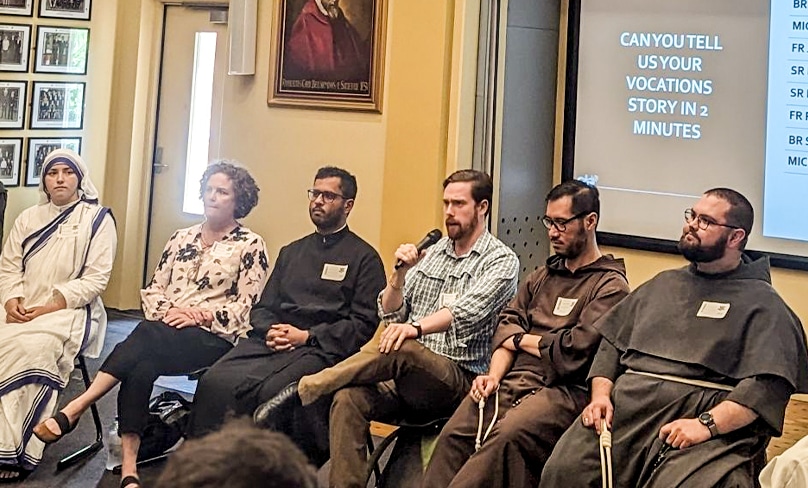 Seminarian Michael Rodgers shares his testimony at a Vocations panel with with St Aloyisius' College Milsons Point Year 10 students at St Aloyisius' College Milsons Point. Photo: Alison De Sousa
