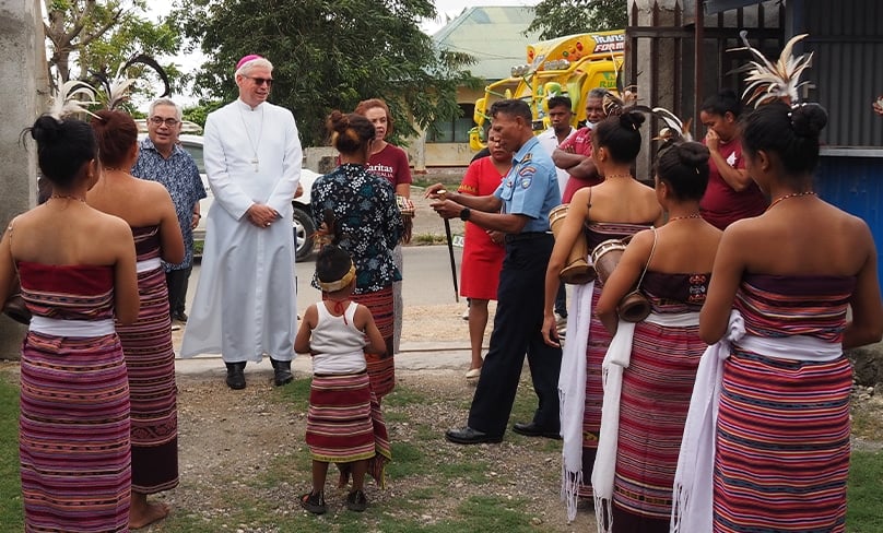 Sydney Bishop Richard Umbers visits the Carita Uma PAS Shelter for women and girls in Bacau, Timor-Leste. Bishop Umbers visited Timor Leste as a guest of Caritas Australian in January. Photo: Nicole Chehine