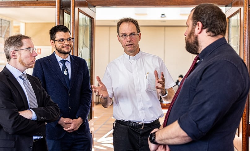 Rector Fr Michael de Stoop talks with some of this year’s record intake. Photo: Alphonsus Fok