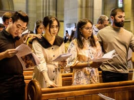 During the Rite of Election ceremonies in St Mary’s Cathedral on 26 February, candidates and catechumens were supported by both sponsors and godparents. Photo: Alphonsus Fok