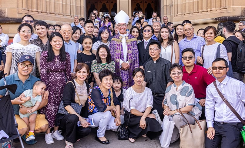 Bishop Daniel Meagher with some of those who formally indicated their intention to enter the Church at Easter, their friends, families and supporters. Photo: Alphonsus Fok