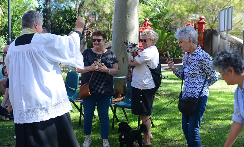 St Joseph’s Parish administrator Fr Stephen Hill blesses more than 30 canines at the dog’s breakfast on 4 February. Photos: Supplied