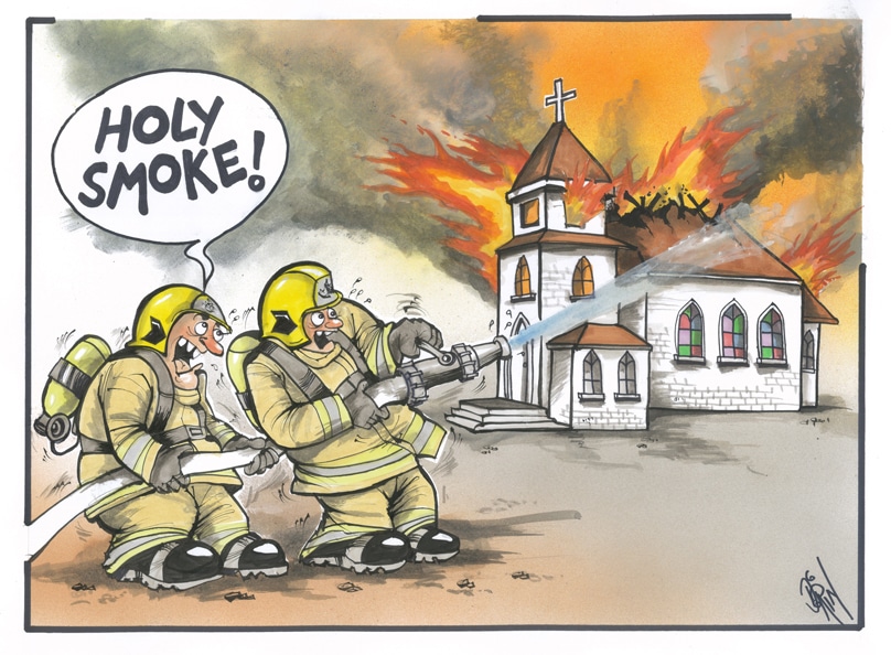 Cartoon entitles 'Holy Smoke' by NSW firefighter and cartoonist for The Catholic Weekly Paul Dorin.