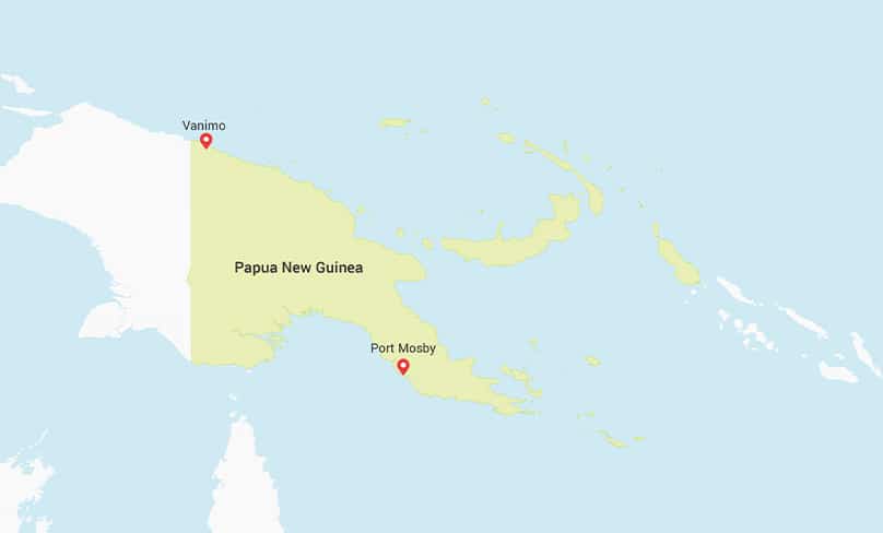 Map showing the location of Vanimo in Northern Papua New Guinea.