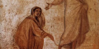 Christ heals the bleeding woman, as depicted in the Catacombs of Marcellinus and Peter. Photo: Wikimedia Comms/Public DOmain