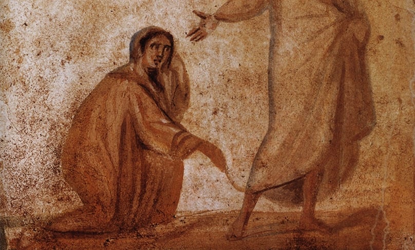 Christ heals the bleeding woman, as depicted in the Catacombs of Marcellinus and Peter. Photo: Wikimedia Comms/Public DOmain
