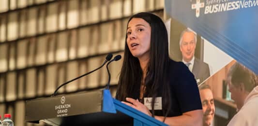 2021 Mother of the Year Leila Abdallah, pictured at a Sydney Catholic business network lunch ealier this month, sees her steady stream of speaking requests as part of her vocation in life. Photo: Giovanni Portelli