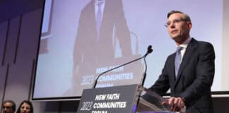 Premier Dominic Perrottet speaks at the 2023 NSW Faith Communities forum, hosted by multi-faith leaders in Parramatta. Photo: NSW Jewish Board of Deputies
