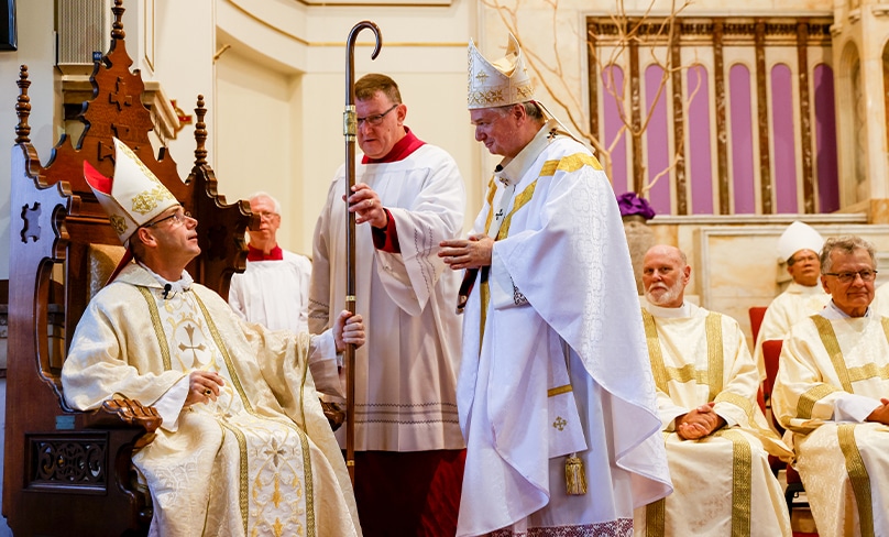Bishop Michael Kennedy receives the crosier, the sign of his pastoral office, at his installed as the ninth bishop of the Diocese of Maitland-Newcastle on 17 March. Photo: Diocese of Maitland-Newcastle