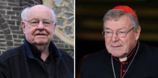 Fr Bob Maguaire and Cardinal George Pell, although they sometimes butted heads, they showed that they belonged to the same church. Photo (Fr Bob): AAP Image/Julian Smith, Photo (Cardinal Pell): CNS photo/Paul Haring
