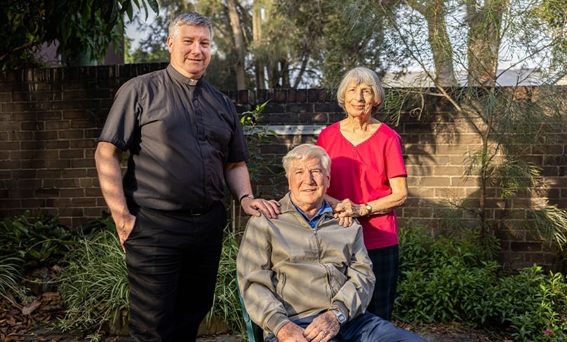 Fr Stephen Hill with his parents, Joy and Darryl Hill. Photo: Alphonsus Fok