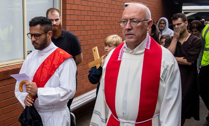 Fr. José Antonio Nieto Sepúlveda CRS, Superior General for the Clerics Regula of Somasca, walks with Deacon Sheldon Burke CRS during in the Stations of the Cross at St Joseph's Moorebank on 7 April 2023. Photo: Mat De Sousa