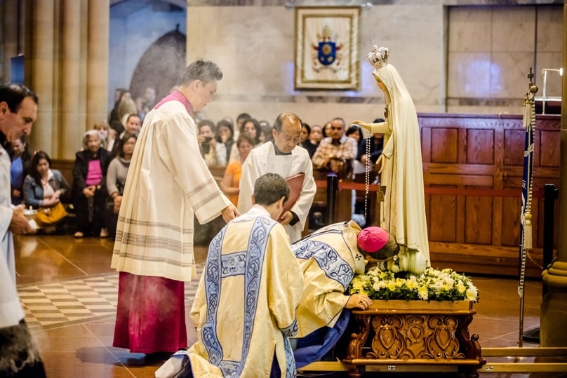 Archbishop Anthony Fisher OP celebrates the centenary of the apparitions of Our Lady of Fatima at St Mary's Cathedral on 13 May 2017. Photo: Alphonsus Fok