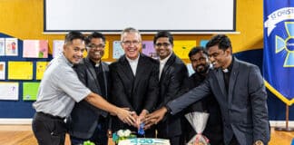 Fr Joel Vergara, Fr Mani Malana MSFS, Bishop Daniel Meagher, Fr Salas Muttathukattil MSFS, Fr Vijaykumar Boilla MSFS and Fr Tom Jose MSF at a Mass and Morning tea commemorating the 400th death anniversary of St Francis de Sales, which was celebrated at St Christopher’s Panania. Photo: Three Two One Photography