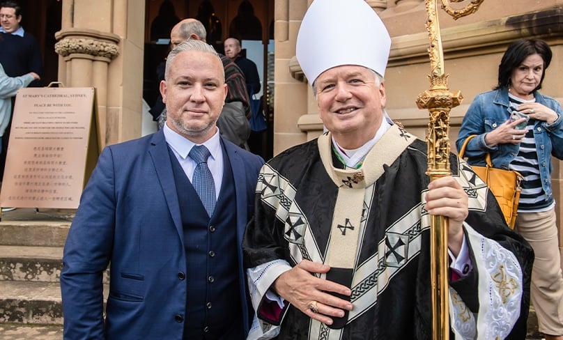 Bruce Missen with Archbishop Anthony Fisher OP after the Pontifical Requiem Mass for Queen Elizabeth II. Photo: Giovanni Portelli