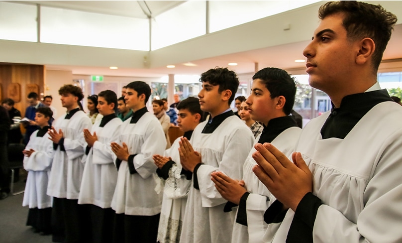 Fr Bob Bossini commissioned 18 students from Patrician Brothers' College at an Altar Server's Commissioning Mass on 19 May.  Photo: Patrician Brothers' College Senior Media Team