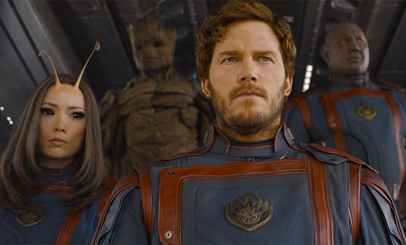 Pom Klementieff, Groot (voiced by Vin Diesel), Chris Pratt and Dave Bautista in a scene from Marvel Studio’s Guardians of the Galaxy Vol. 3. Photo: OSV News photo/courtesy Disney