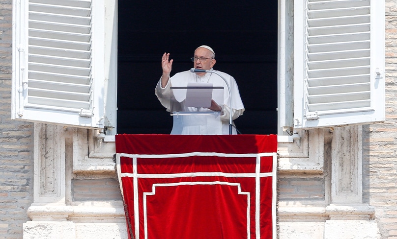 Pope Francis offers his blessing to visitors gathered in St. Peter's Square at the Vatican to pray the Angelus June 18, 2023. Photo: CNS photo/Lola Gomez